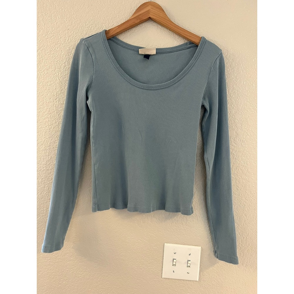 Universal Thread Ribbed Scoop‎ Neck Long Sleeve Top Dusty Blue RN17730 Size M